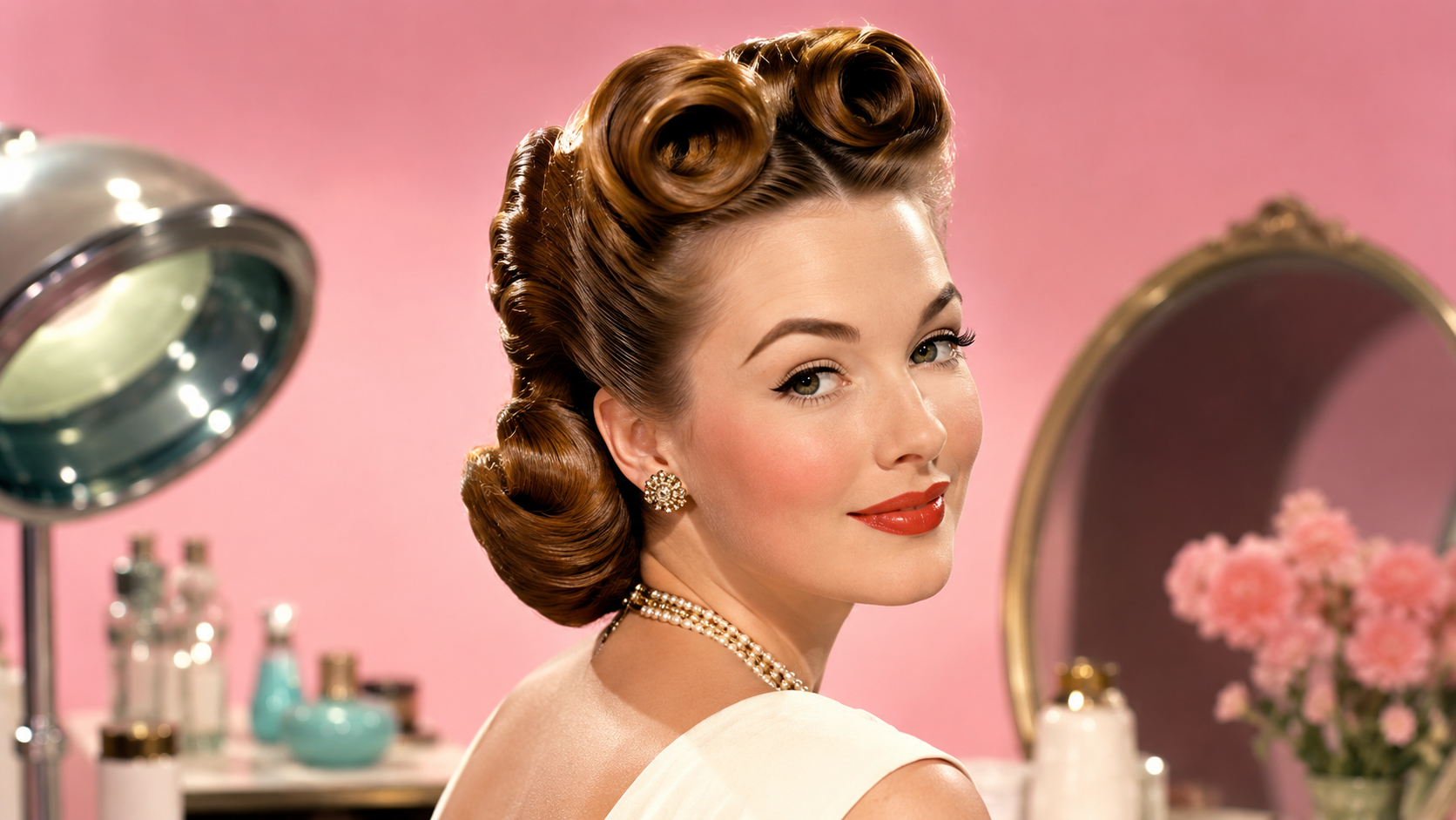 A model seated at a vanity in a 1950s-inspired salon portrait.