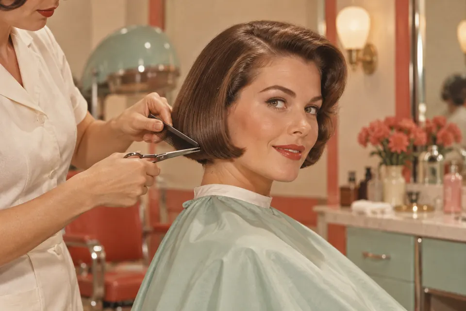 A stylist refining a precise bob with a comb and scissors.